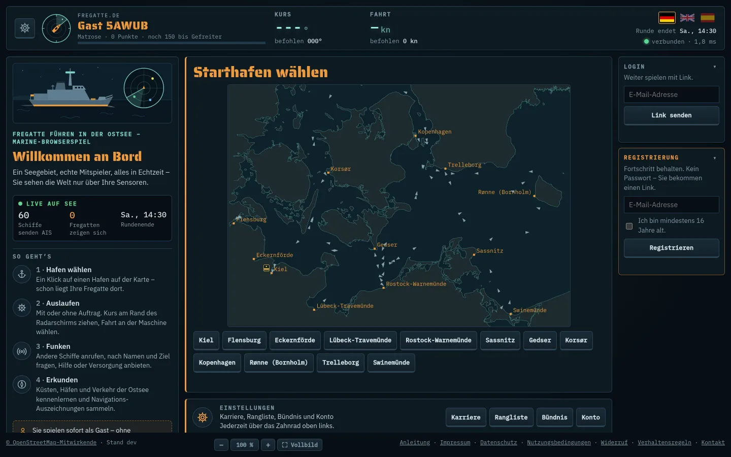 Startseite: Willkommensbox, Seekarte mit Häfen, rechts Login und Registrierung