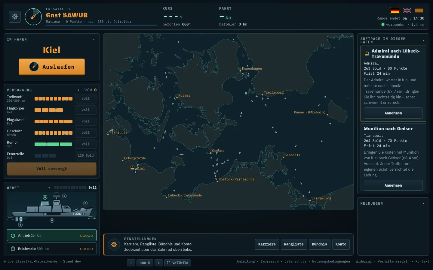 Hafenansicht: links Im Hafen, Versorgung und Werft, Mitte Seekarte, rechts Aufträge
