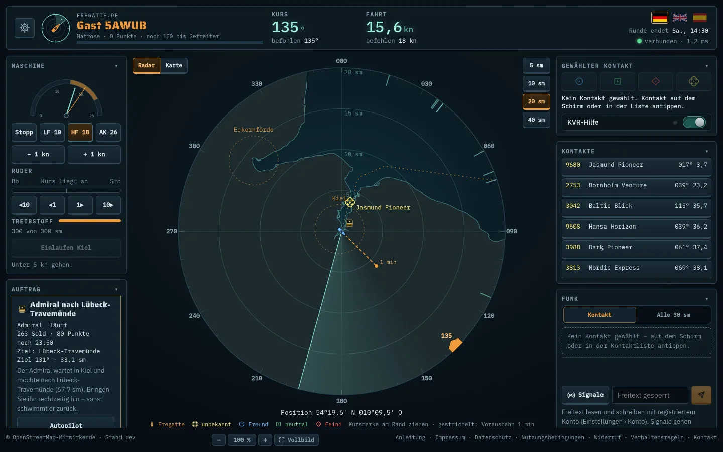 Spielansicht auf See mit Maschine, Auftrag, Radar, Kontakten und Funk