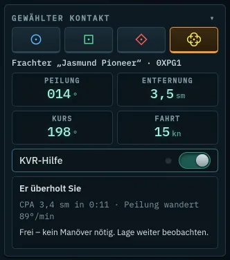 Box Gewählter Kontakt mit Einstufung, Peilung, Entfernung, Kurs und Fahrt