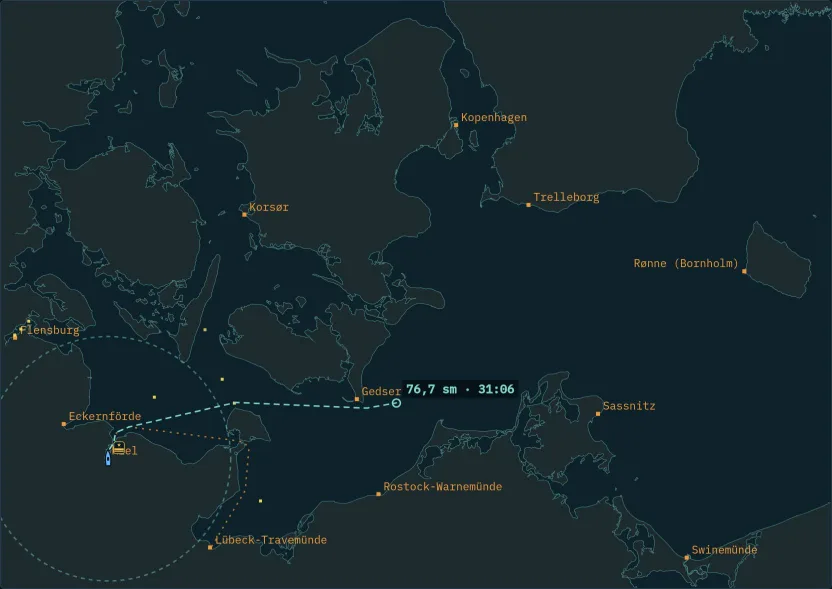 Seekarte mit gestrichelter Route, Strecke und Fahrzeit