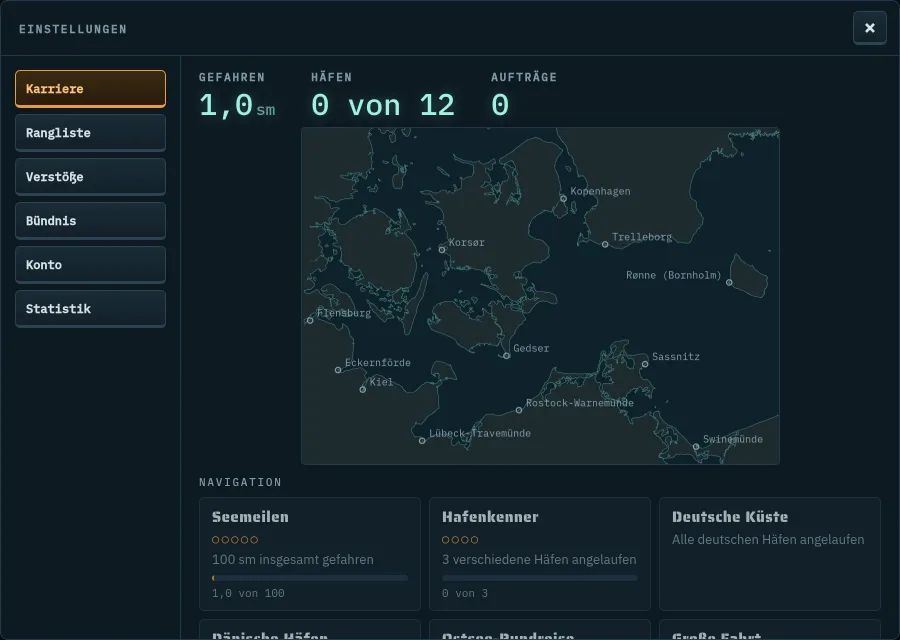 Einstellungen: Karriere mit Seemeilen, Häfen und Auszeichnungen