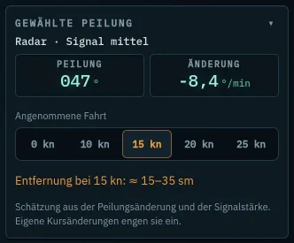 Box Gewählte Peilung mit Peilung, Änderung, angenommener Fahrt und Entfernung
