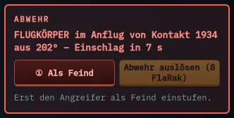 Rotes Abwehrfenster: Flugkörper im Anflug, Tasten Als Feind und Abwehr auslösen