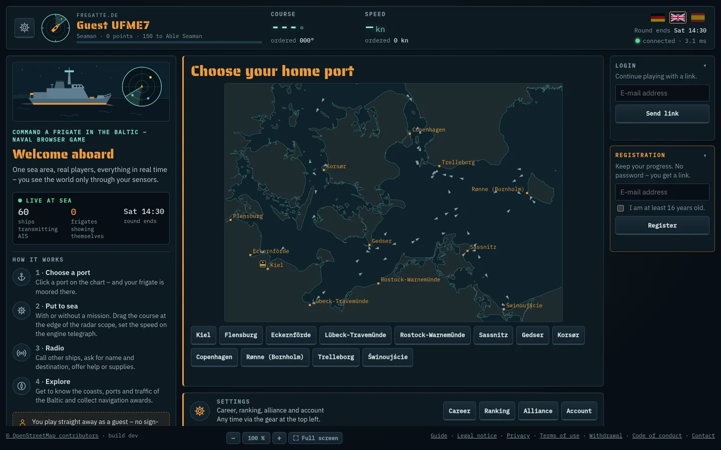 Start page: welcome box, chart with ports, login and registration on the right