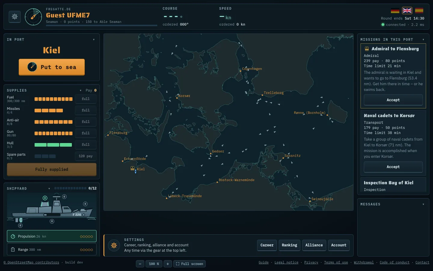 Port view: In port, supplies and shipyard on the left, chart in the middle, missions on the right