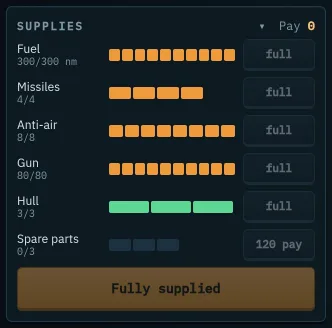 Supplies: fuel, missiles, anti-air, gun, hull, spare parts