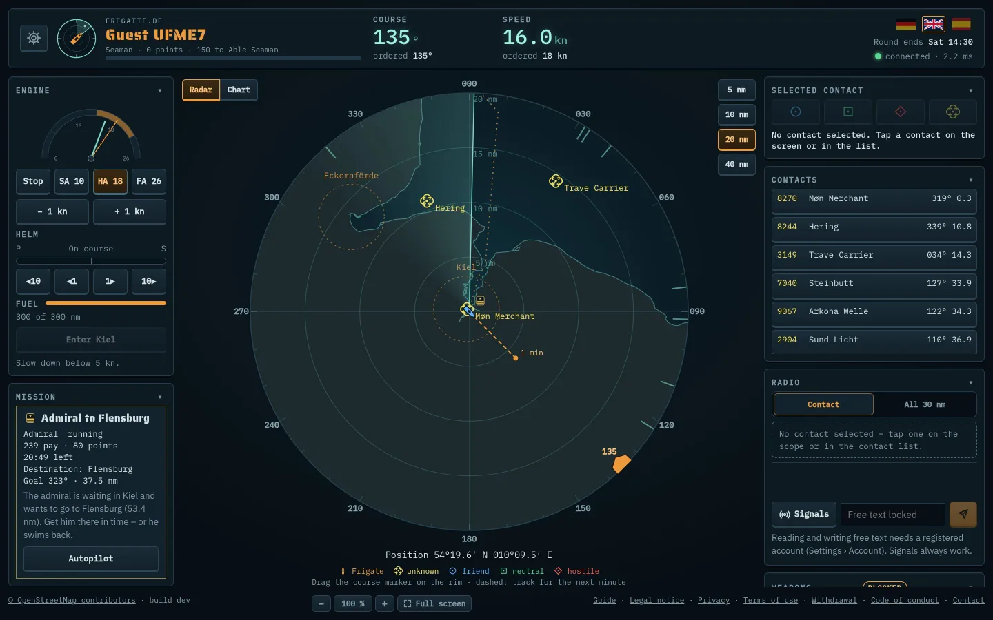Game view at sea with engine, mission, radar, contacts and radio