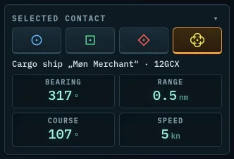 Selected contact box with classification, bearing, range, course and speed