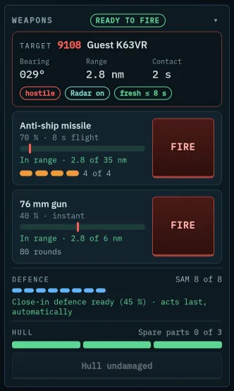 Weapons box: target, range, ammunition and fire buttons, ready to fire