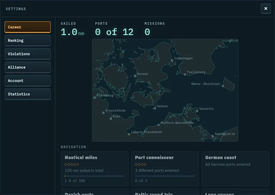 Settings: career with nautical miles, ports and awards
