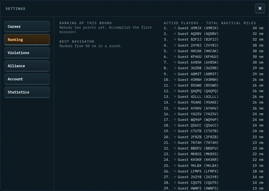 Settings: ranking of the round and active players with nautical miles