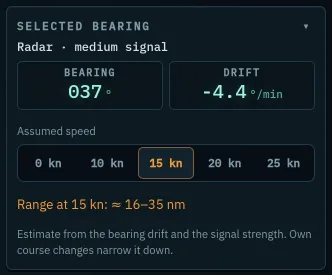 Selected bearing box with bearing, rate, assumed speed and range
