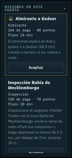 Lista de misiones en el puerto