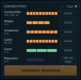 Suministros: combustible, misiles, antiaéreos, cañón, casco, repuestos