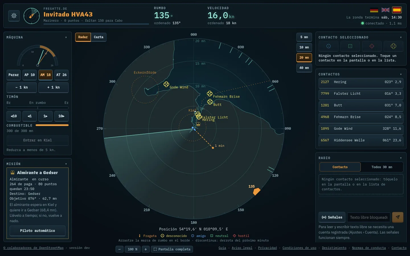 Vista de juego en el mar con máquina, misión, radar, contactos y radio