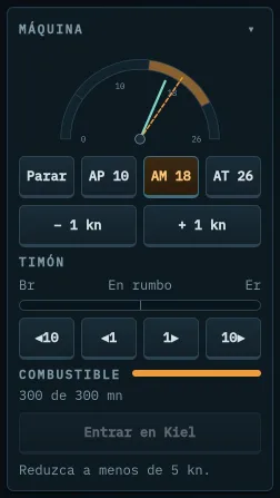 Máquina con escalones de velocidad, timón, combustible y Entrar en puerto
