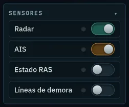 Interruptores de radar, AIS, estado RAS y líneas de demora