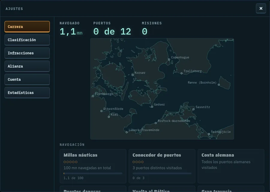 Ajustes: carrera con millas náuticas, puertos y distinciones