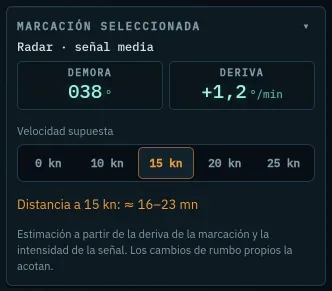 Cuadro Marcación seleccionada con demora, variación, velocidad supuesta y distancia
